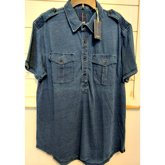 Men's Size L OOBE' Dark Sea Indigo Short Sleeve Solid Shirt Soft Cotton NWT - Picture 1 of 6
